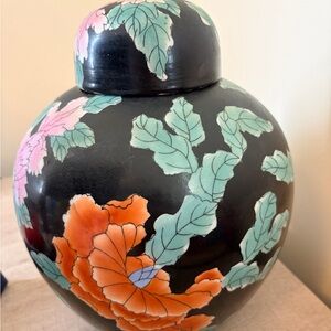 Vintage Chinese Famille Noire Ginger Jar - 11" Large Hand-Painted Floral Peony